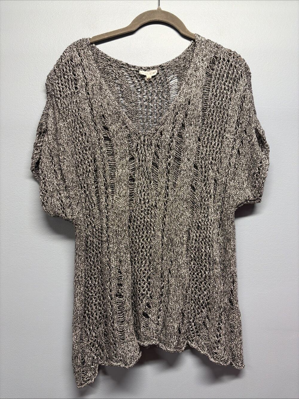 Eileen Fisher Gray Crochet Linen Blend Short Sleeve Open Knit V Neck Top Size XL
